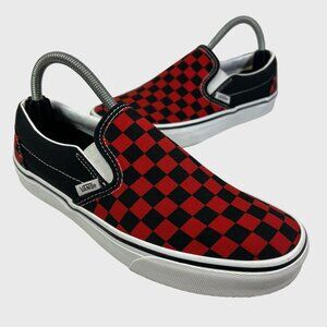 VANS Slip On Unisex Checkerboard Canvas Skate Sneakers Black Red M8/W9.5